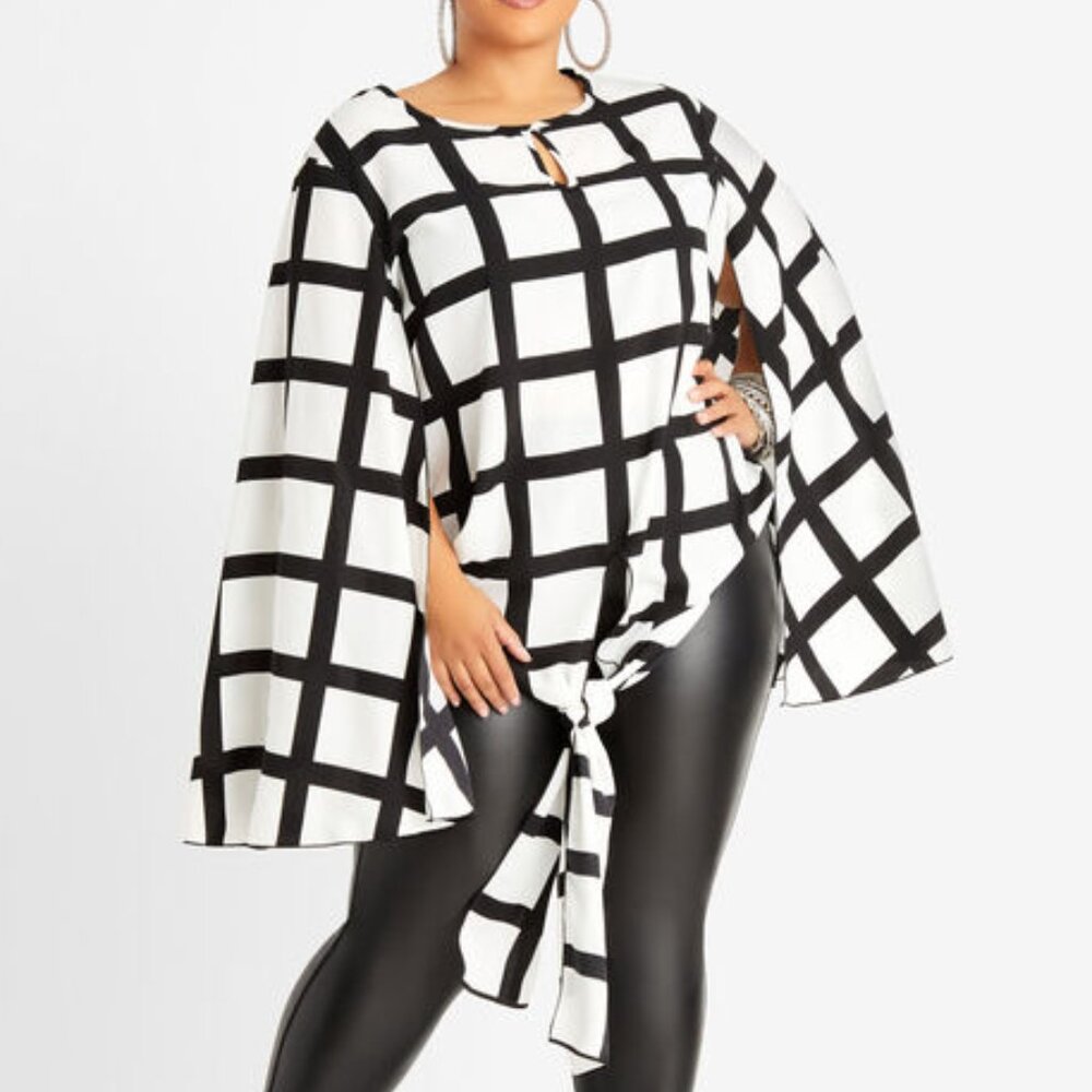 Ashley Stewart Windowpane Cape Sleeve Tie Front Bold Statement Bloise 10/12